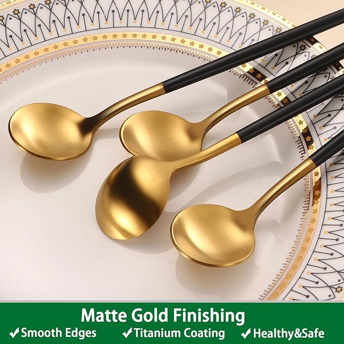 7.95 Inches Satin Gold SS18/10 Long Stirring Spoons With Black Handle,Elegant Iced Tea Spoons,Long Handle Mixing Spoons For Coffee,Cocktail,Ice Cream,Milk