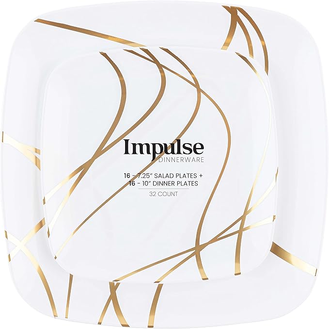 PLASTICPRO Square 32 Piece Combo Plates Set includes 16 x 7'' inch Salad Plates & 16 x 10'' inch Dinner Plates White Plastic with Gold impulse Design Party Plates, heavyweight Dishes,