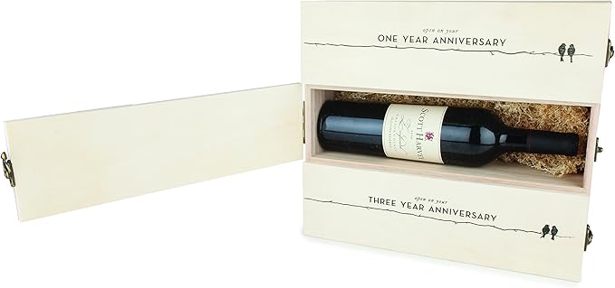 Twine Newlywed's Anniversary Wooden Gift Box with Lids and Brass Latches, Fits 3 Standard Wine Bottles, Wedding Keepsake Boxes, Decorative Storage Case for Mementos