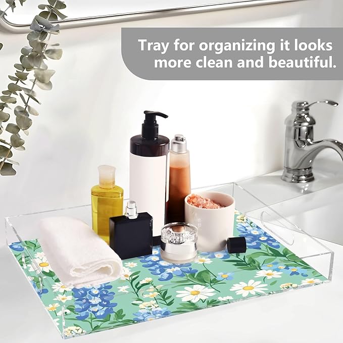 Serving Tray with Handles Clear Acrylic Tray 12x16 Inch Decorative Rectangular Tray Organizer for Ottoman Coffee Table Bathroom Mint Green Bluebonnet and Daisies