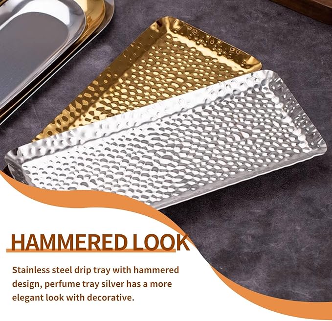 Stainless Steel Hammered Rectangular Tray, Silver Serving Tray and Platters Storage Appetizer Tray for Home Restaurant(Silver)