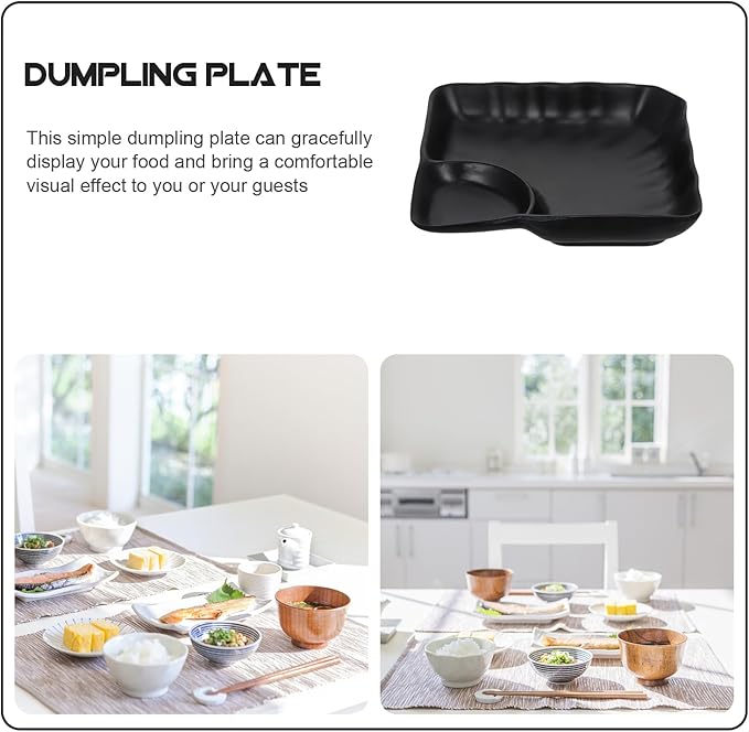 Kichvoe Black Divided Sushi & Dumpling Plate with Sauce Compartment | Japanese Serving Tray for Appetizers & Snacks, 6.88X6.88X1.37In