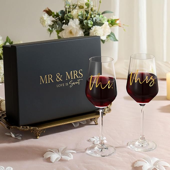 AW BRIDAL Mr and Mrs Wine Glasses Set of 2 for Engagement Bridal Shower, Wedding Gifts for Newlywed Couples 2025, Personalized Anniversary Wine Glass Gift Basket for Bride Groom and Fiance Fiancee
