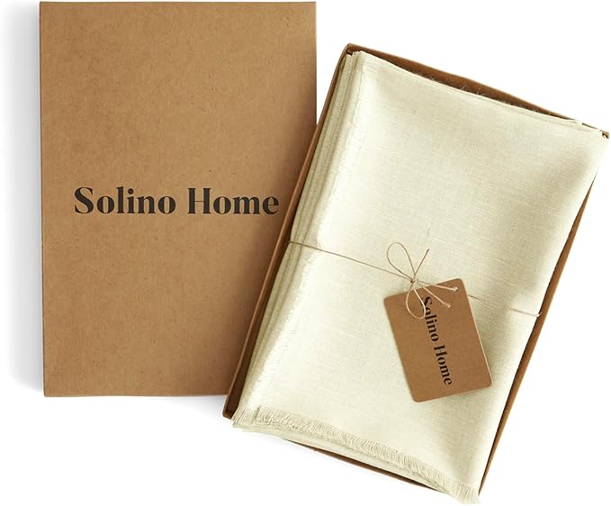 Solino Home Fringe Linen Napkins Set of 4-100% Pure Linen Creamy Ivory Dinner Napkins 20 x 20 Inch for Christmas, Holiday, New Year - Handcrafted and Machine Washable