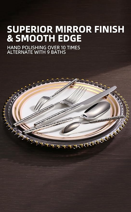 20-Piece Silverware Set, Stainless Steel Flatware Set for 4, Modern Hammered Utensil Tableware Set Include Dinner Knife/Fork/Spoon, Mirror Finish, Dishwasher Safe (20, silver)