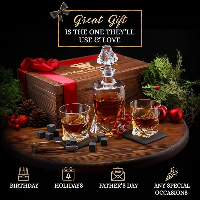 Whiskey Decanter Set by Royal Reserve – Whiskey Gift Set - Twisted Bourbon Decanter 24 oz 750 ml with Glasses, Whiskey Stones, Coasters, Tongs – Whiskey Gifts for Men, Husband, Dad Christmas
