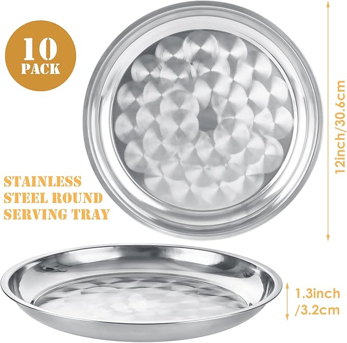 10 PCS Stainless Steel Round Serving Tray, 12 Inch Large Silver Plates Silver Serving Platter, Stainless Steel Silver Tray Decorative, Round Metal Tray for Food, Coffee Table, Party, Club, Home