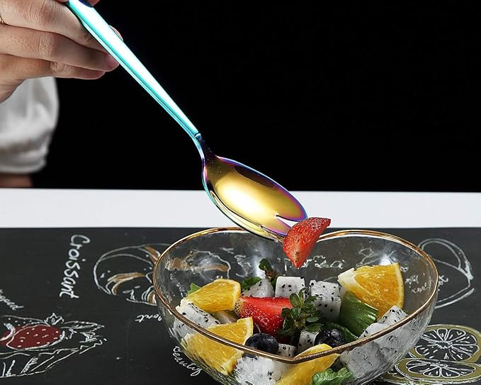 HOMQUEN Rainbow Serving Set - 10 Piece Colorful Flatware, Includes Slotted Spoon, Cake Server, Sugar Spoon, Soup Ladle, Wedding Cake Knife