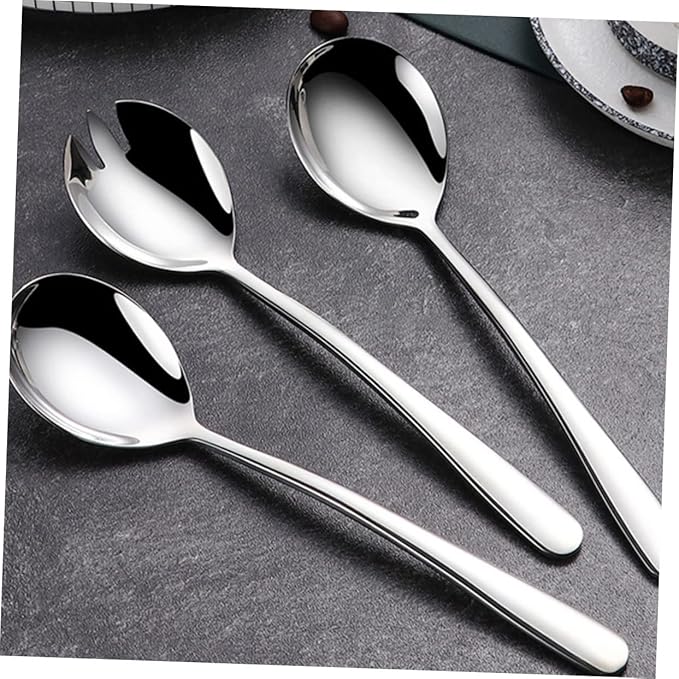BESTonZON 3 sets Utensils Dinner Serving Flatware Tool Spoons Steel Stainless Pasta Dessert Buffet Banquet Fork Gadgets Kitchen Party Servers Fruit and for Silver Spoon Salad Metal