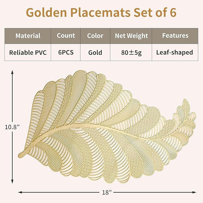 FAVE Gold Metallic Placemats Set of 6 Hallowed Out Vinyl Placemats Leaf Shaped Durable Table mats Set of 6 Washable Heat Resistant Place Mats for Party Dinner Use (Gold,6)