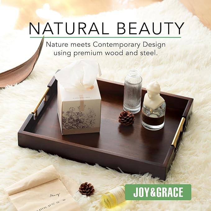 Joy&Grace Ottoman Tray for Living Room, Large Acacia Wooden Serving Tray with Handles for Coffee Table, Breakfast in Bed, Food Dinner, Decorative Tray (Color Brown, 16.7" x 12.8" x 2")
