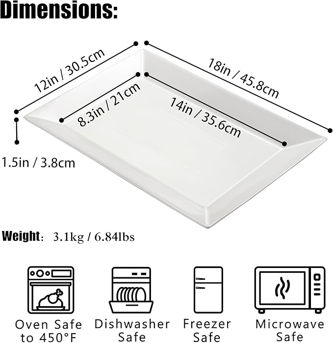 18" x 12" Large Serving Platters, Porcelain Heavy-Duty Large Serving Trays, White Rectangular Plates for Turkey, Food, Fruit, Party, Wedding, Christmas, Chip and Scratch Resistant (1)