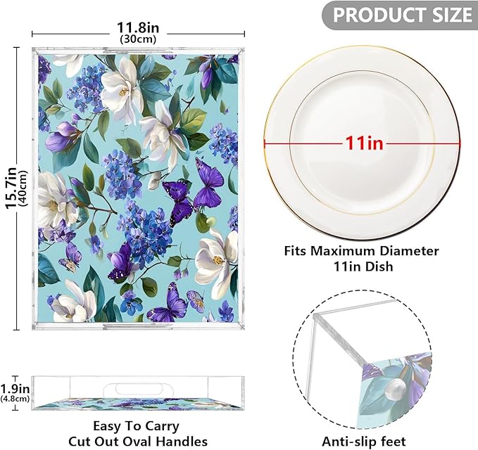 Serving Tray with Handles Clear Acrylic Tray 12x16 Inch Decorative Rectangular Tray Organizer for Ottoman Coffee Table Bathroom Elegant Hydrangeas Magnolias Butterflies
