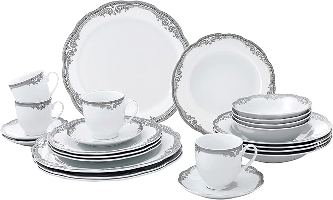 Lorren Home Trends Elizabeth-24 24 Piece Elizabeth Design Porcelain Wavy Edge Dinnerware Set, White