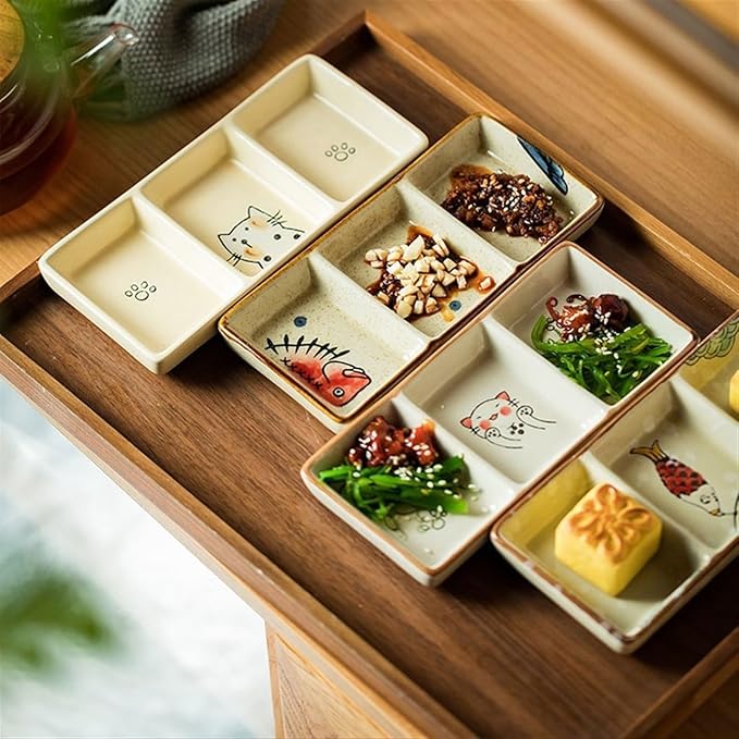 Sauce Dish 1 Piece Multifunctional Table Setting Snack Plate Snack Plate Multifunctional Seasoning Soy Sauce Plate Three Compartments Ceramic Plate Snack Plate(C)