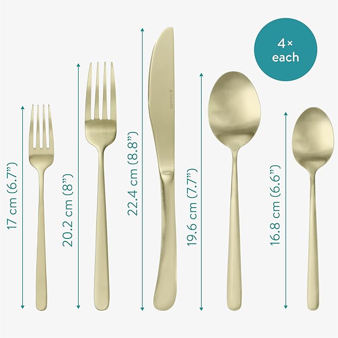 Navaris Silverware Set - Small 20-Piece 18/0 Stainless Steel Kitchen Cutlery Sets with Satin Champagne Finish - Versatile Dinner Knives and Forks and Spoons Dinner Set for 4