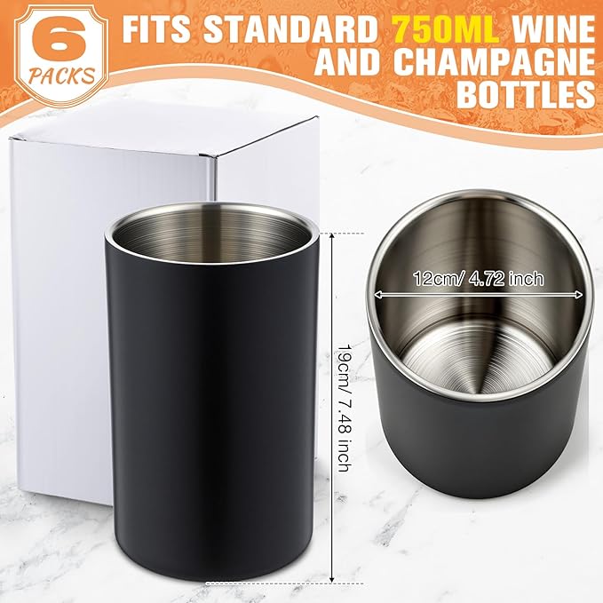 6 Pack Wine Chiller Bucket Wine Bottles Cooler Bulk, Stainless Steel Double Wall Insulated Champagne Ice Bucket for Parties,Fits for 750 ml Bottles(Black)