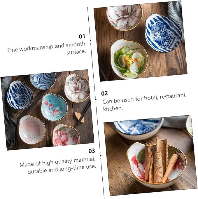 KICHOUSE 3pcs Ceramic Sauce Dipping Dish Set Hand-Painted Glazed Condiment Bowls Small Handle for Soy Sauce Vinegar and Appetizers Random Style