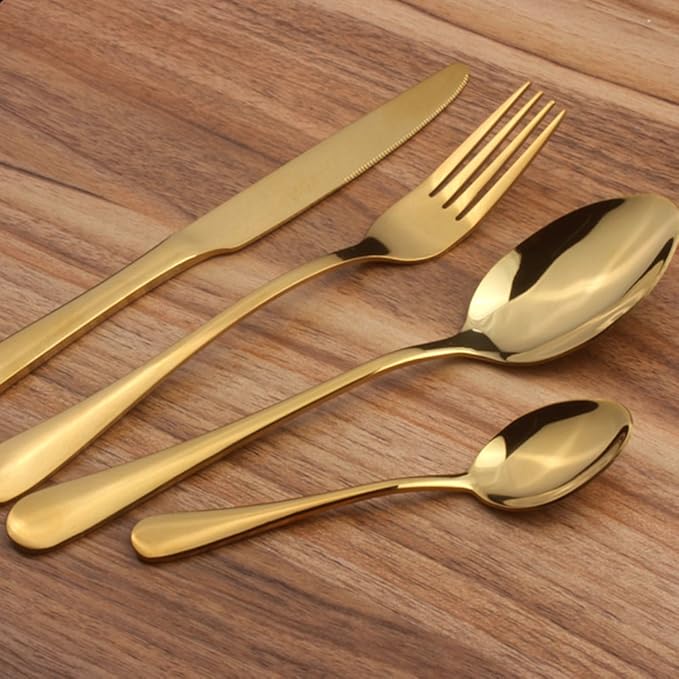 Lots 4pcs Stainless Steel Tableware Dinner Spoon Fork Knife Flatware Serving Sets Spoons Forks Knives (4, Gold)