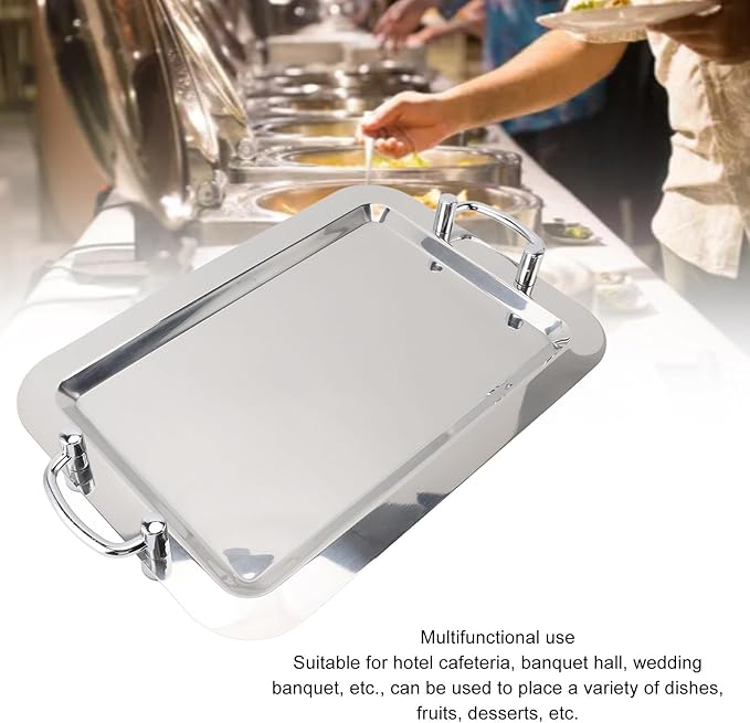 Dioche Steel Serving Tray Stainless Steel Platter with Handle – Multifunction Portable Serving Tray for Restaurant & Hotel Buffet, Rectangle Shape, 47.5cm (Rectangle Shape with Silver Handle, 47.5cm)