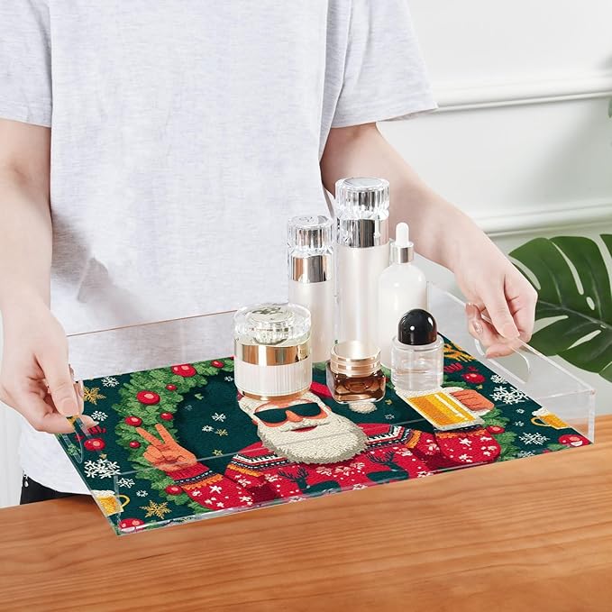 Serving Tray with Handles Clear Acrylic Tray 12x16 Inch Decorative Rectangular Tray Organizer for Ottoman Coffee Table Bathroom Christmas Santa Claus Snowflakes Green