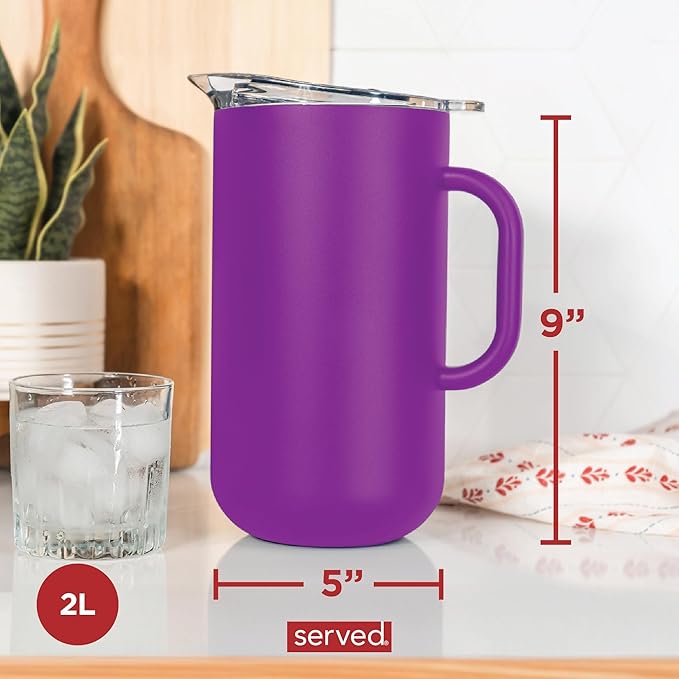 Served Premium Insulated Pitcher (2L/66oz) - Double Walled, Copper Lined Stainless Steel Pitcher with Lid - Vacuum Insulated Carafe for Hot Coffee, Tea, Iced Drinks, Water, Cocktails, and More