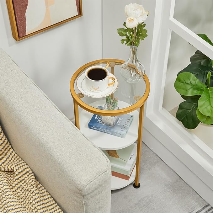 Glass Side Table, Tempered Glass Small Round Side Table with 3-Tier Storage Shelves for Small Spaces, Modern Glass Round End Table for Living Room, Bedside Nightstand for Bedroom (White+Gold)