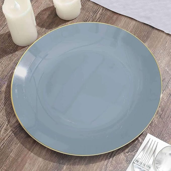 Efavormart 10 Pack | 10" Glossy Dusty Blue Round Plastic Dinner Plates With Gold Rim, Disposable Party Plates