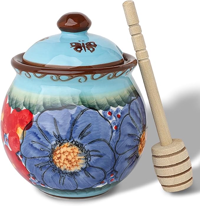 silesia Handmade Ceramic Honey Jar with Lid, 8 oz Floral Design Honey Pot with Dipper, Hand-Painted Honey Containers for Honey, Jam, or Syrup, Dishwasher Safe (Glazed Blue)