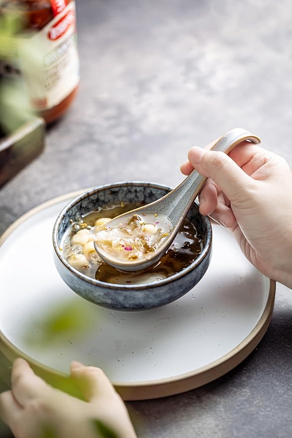 LYEOBOH Ceramic Asian Soup Spoons Set of 6 with Long Handle for Kitchen, Restaurant, Japanese Ramen Spoons with Deep Hook Design, Dishwasher & Microwave Safe, Gray