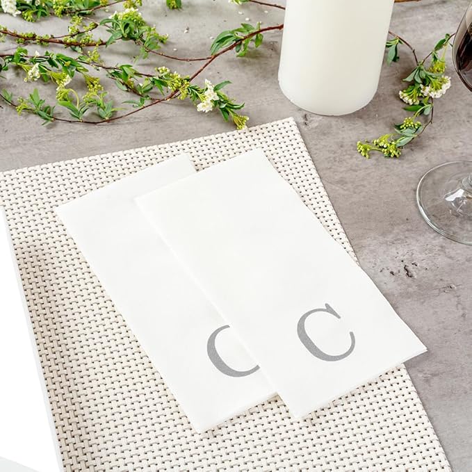 Luxenap 15.8 X 7.9 Inch Linen-Feel Guest Towels, 50 Lettered Hand Towels - Silver Letter 'C', Sans Serif Font, White Paper Dinner Napkins, airlaid, For Restrooms And Tables - Restaurantware