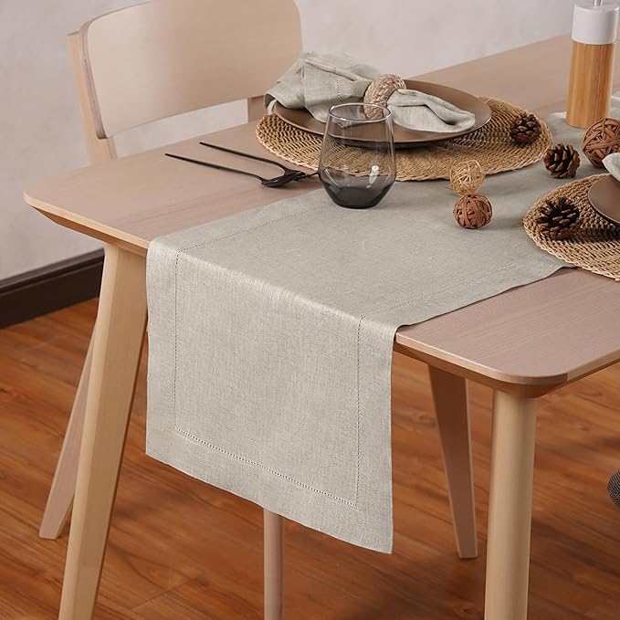 Home Ekaa Linen Light Natural Table Runner 72 Inches - 100% Pure Linen Cloth Fabric Hemstitch Table Runner 14 x 72 Inch for Dining, Dresser, Thanksgiving, Fall Christmas - Lino