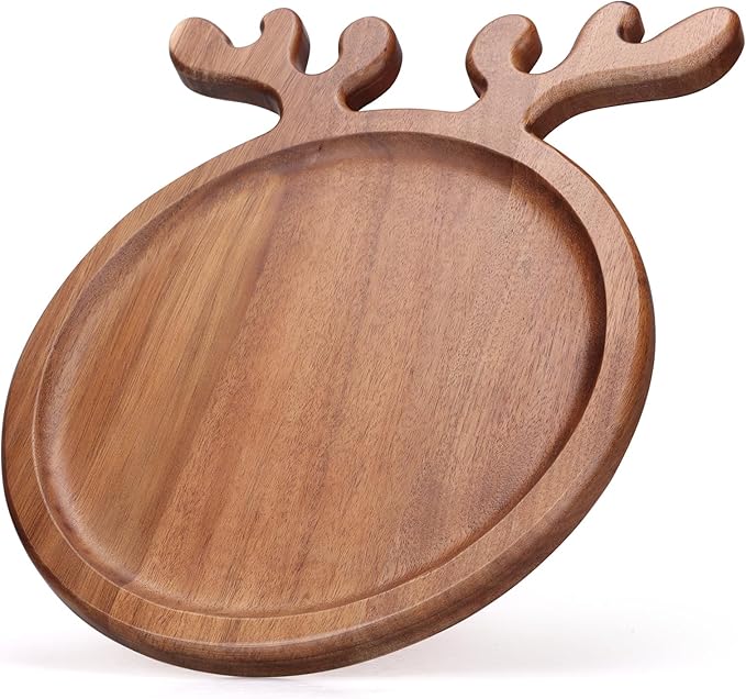 Acacia Wood Christmas Kitchen Decor Platters Dinner Plate Wooden Cheese Charcuterie Board Xmas Snack Cookies Trays Salad Charger Plates for Christmas Holiday Serving Dish Round Festive Dessert Platter