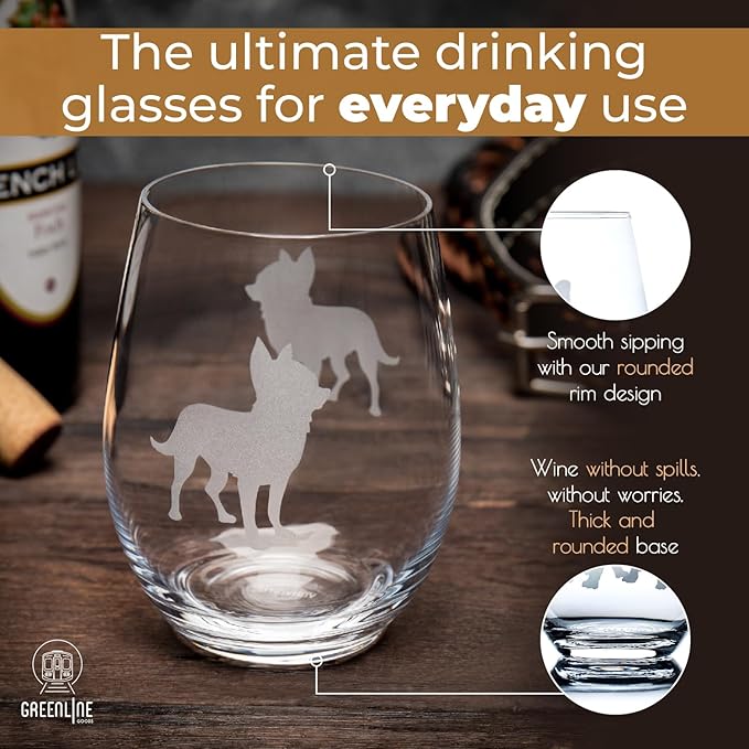 Chihuahua Stemless Wine Glasses (Set of 2) | Unique Gift for Dog Lovers | Hand Etched with Breed Name on Bottom
