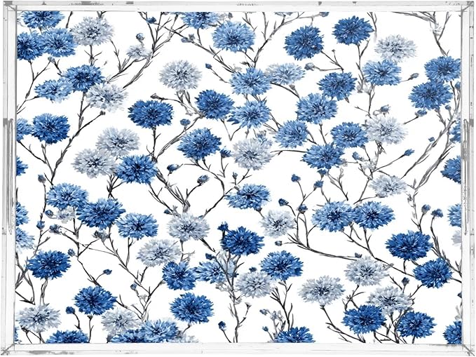 Serving Tray with Handles Clear Acrylic Tray 12x16 Inch Decorative Rectangular Tray Organizer for Ottoman Coffee Table Bathroom Washable Chinese Style Cornflower