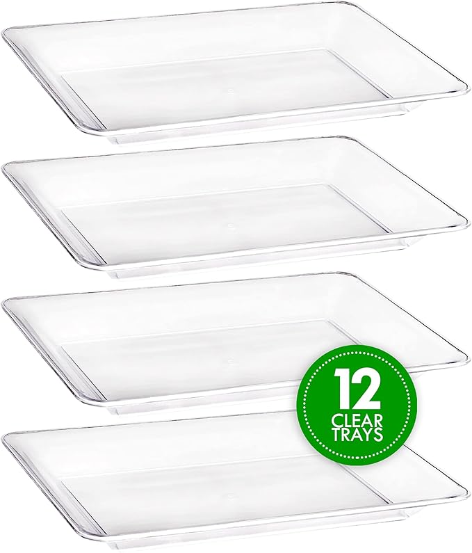 Plasticpro Plastic Serving Trays - 10 x 14 Serving Platters Rectangle Disposable Party Dish (12, Clear)