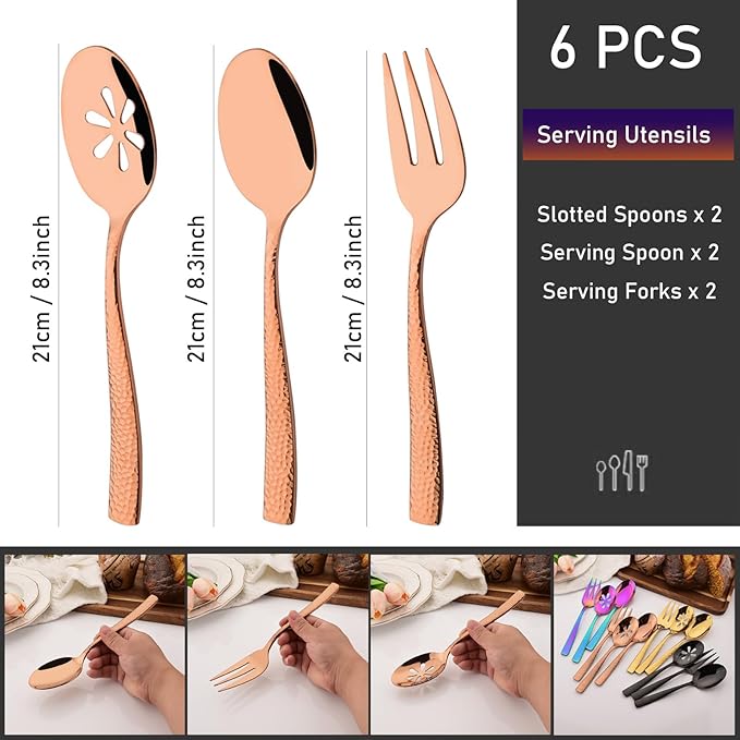 6 PCS Hammered Serving Utensils, Uniturcky Stainless Steel Serving Spoons Set, Square and Thick Hostess Serving Set, Includes 2 Serving Spoon 2 Serving Fork and 2 Slotted Spoon, Mirror Rose