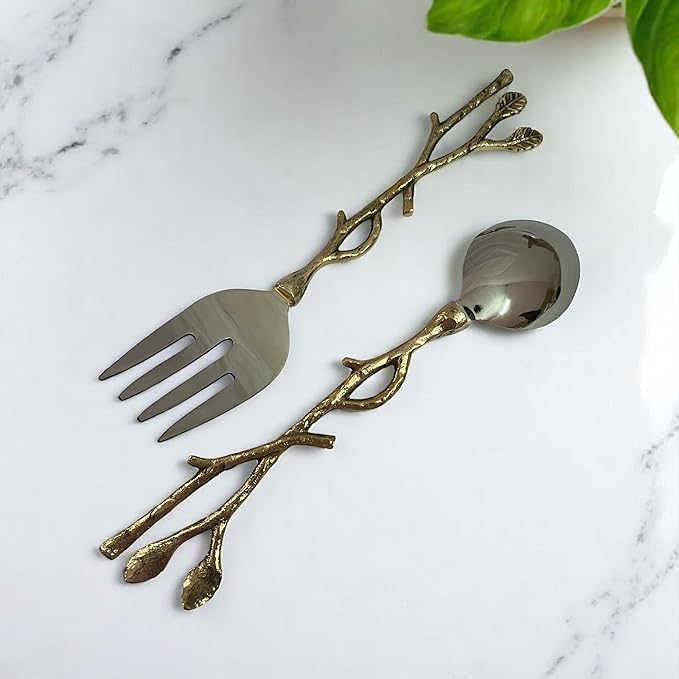 Gold Salad Serving Spoon and Fork Set – Stainless Steel with Decorative Leaf Handle – Elegant 2-Piece Flatware Set for Salad, Pasta, Fruits (11.7 inch)