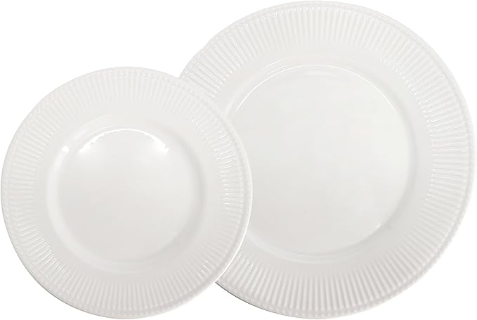 Elama Kate 16 Piece Textured Trim Double Bowl Porcelain White Dinnerware Set, Serveware, Tableware, Bowls, Plate Set (Kate)
