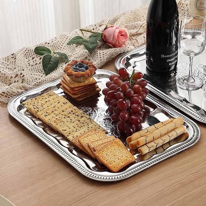4-Pack 15.7" x 11.8" Silver Serving Trays for Party Set - Floral Engraved Serving Platters, Wedding Birthday Mirror Tray for Christmas, Food, Appetizer, Charcuterie, Cookies, Desserts