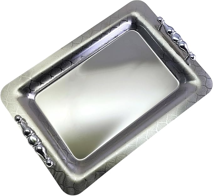 (Pack of 2) 15.7 inch x 11 inch Oblong Chrome Iron Gold Plated Serving Tray with Handles Stylish Design Different Leaf Floral Engraved Edge Wedding Dessert Buffet Platter Plate NC-008