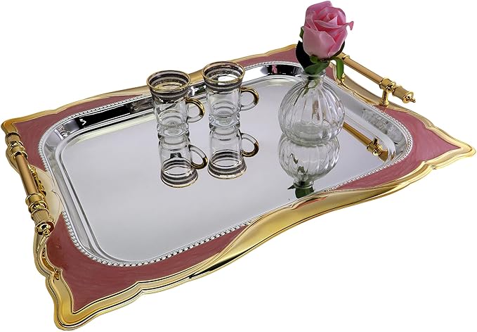 (Pack of 2) 20.1 inch x 15.4 inch Rectangular Floral Shape Decorative Style Chrome Plated Silver Serving Tray with Handles Floral Engraved Iron Gold Red Edge Party Platter TTL-024