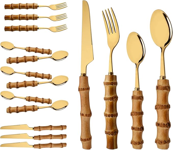 Natural Bamboo Handle Flatware Set, Uniturcky Stainless Steel Silverware Set for 4, Forks, Spoons, Knives Utensils for Daily Use, 16 PCS Bamboo Handle Cutlery Sets, Mirror Finished - Gold