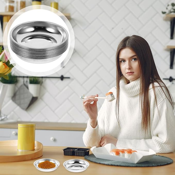 Hemoton 10PCS Stainless Steel Sauce Dishes,Mini Saucers Dipping Bowls,Small Appetizer Tray,Seasoning Dishes Sushi Saucers Bowl Appetizer Plates,Mini Cat Food Bowl,Cat Food and Water Dish,8X8CM