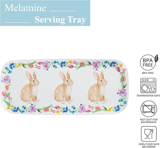 UPware Easter Bunny Melamine Serving Tray, 15 x 6.5 Inch Rectangular Serving Platter, BPA Free Food Tray for Party Entertaining