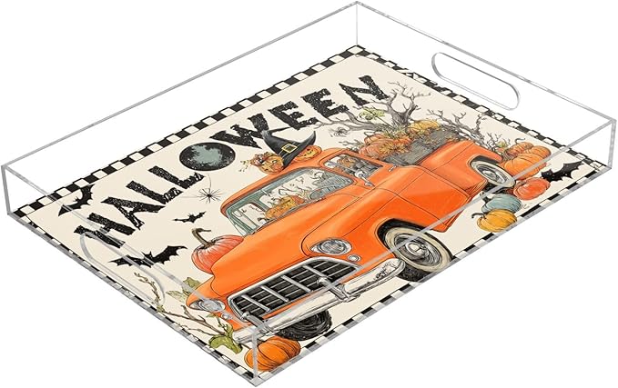 Serving Tray with Handles Clear Acrylic Tray 12x16 Inch Decorative Rectangular Tray Organizer for Ottoman Coffee Table Bathroom Orange Truck Halloween Bat Pumpkin