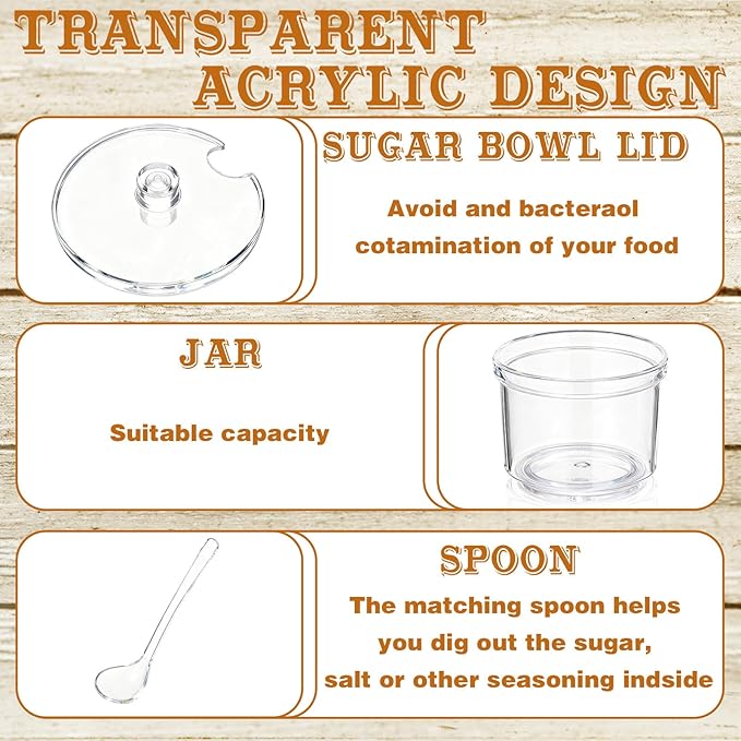3 Pcs Clear Acrylic Sugar Container with Lid and Spoon 7 oz Seasoning Sugar Jar Salt Spice Canister Condiments Pot with Label Stickers for Home Coffee Bar Restaurant Kitchen