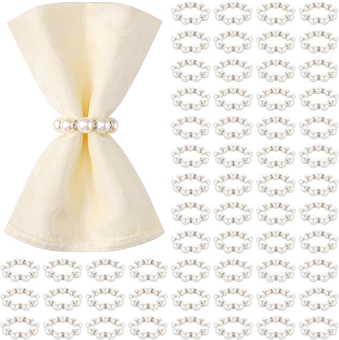 Suream 60 PCS Napkin Rings Bulk, Napkin Holders for Cloth Napkins, Elegant Pearl Decor for Wedding, Formal Dinners, Holiday, Party(White and Silver)
