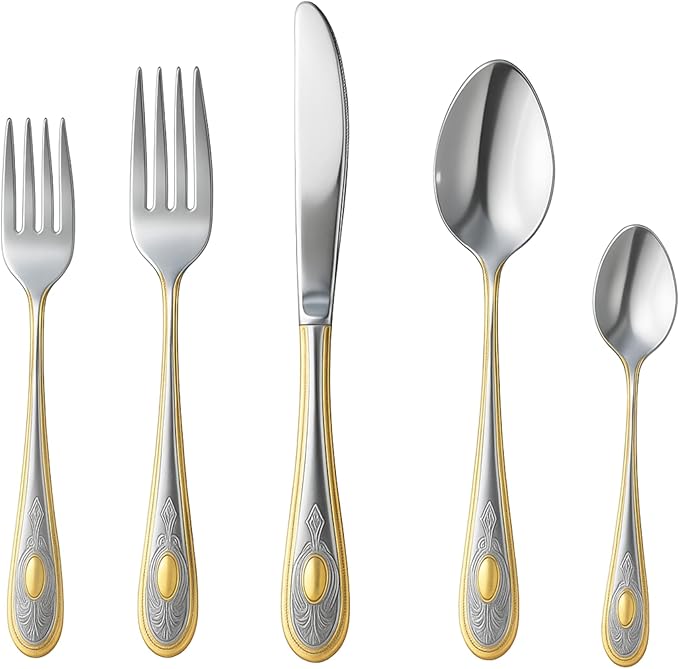 20 Piece Flatware Set - Vintage Handle with Gold Detailing - 18/10 Stainless Steel Silverware - Complete Cutlery Set for 4 - Home Essentials, Dishwasher Safe - For All Occasions (20 Piece, Lucca)