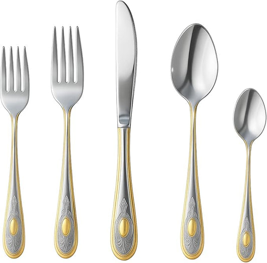 40 Piece Flatware Set - 18/10 Stainless Steel Silverware Set for 8 - Complete Cutlery with Elegant Vintage Handles - For Kitchen and Dining, Home Essentials (40 Piece, Lucca)